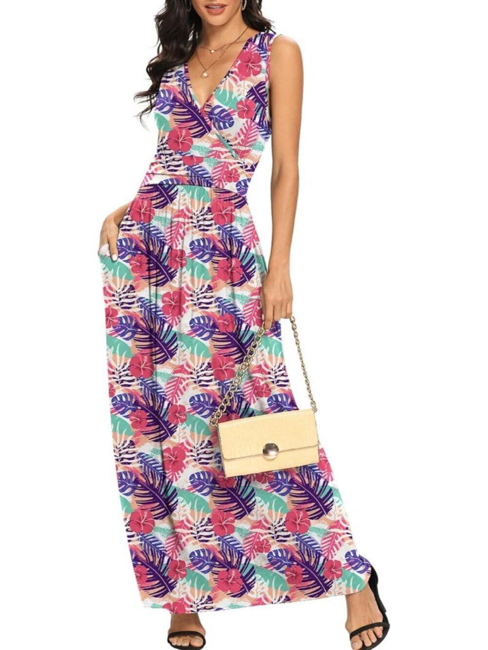 Lilbetter Women's Multi Leaves Sleeveless Deep Loose Plain Maxi Casual Dress